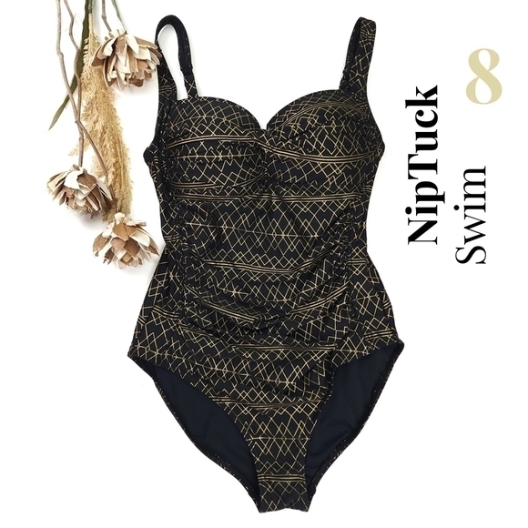 NipTuck Swim Black Gold One Piece Swimsuit Sz 8 - Picture 1 of 11